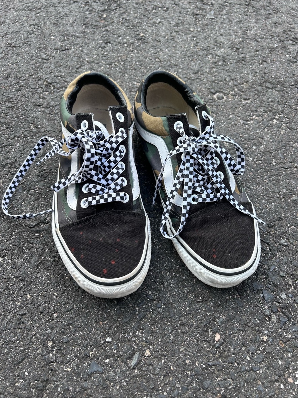 Vans Camo and Black Low-Top Sneakers with Checkerboard Laces